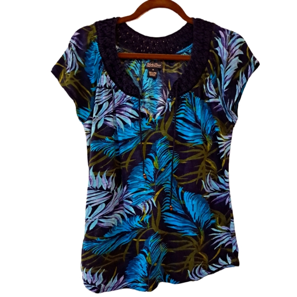 Lucky Brand Blue & Black Tropical Print Short Sleeve Blouse